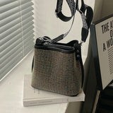 Women's Leather Shoulder Bag Inlaid Diamond Wide Strap Crossbody Tote Bag