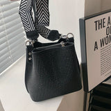 Women's Leather Shoulder Bag Inlaid Diamond Wide Strap Crossbody Tote Bag