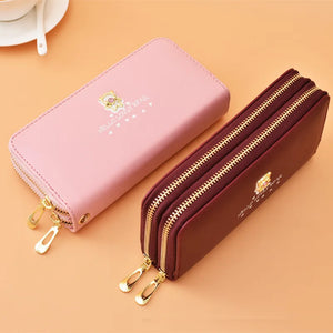 Cartoon Long Wallet with Wrist Strap, Double-layer Zipper