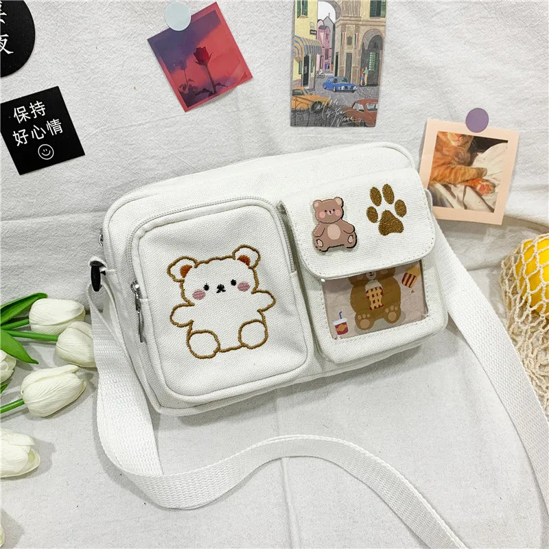Women's Canvas Printed Bear Messenger Bag Sweet Cartoon Student Shoulder Bag