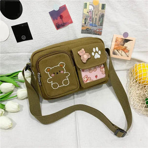 Women's Canvas Printed Bear Messenger Bag Sweet Cartoon Student Shoulder Bag