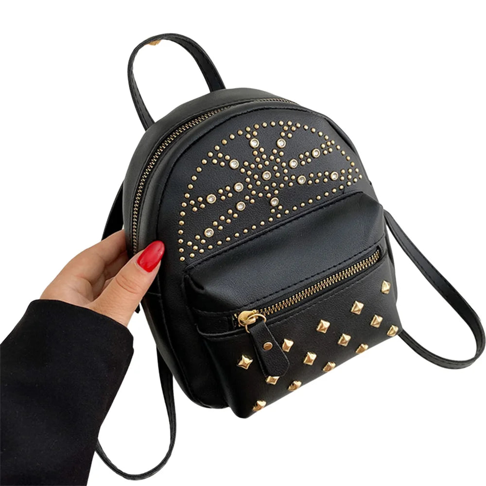 Mini PU Leather Backpack Solid Rivet Decoration Small Bagpack Girls Scho