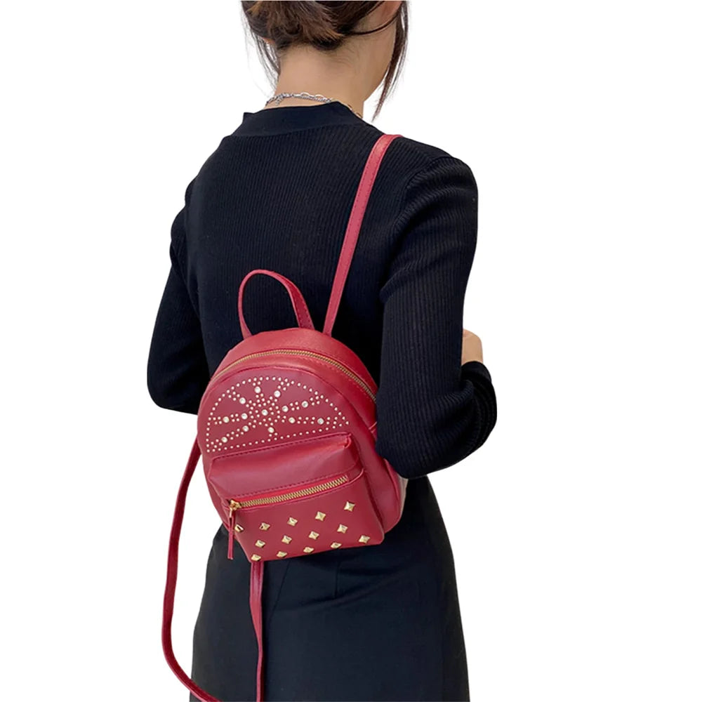 Mini PU Leather Backpack Solid Rivet Decoration Small Bagpack Girls Scho