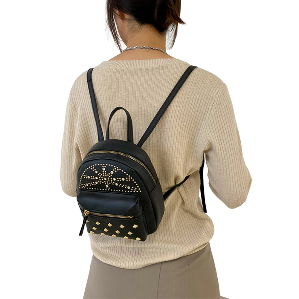 Mini PU Leather Backpack Solid Rivet Decoration Small Bagpack Girls Scho