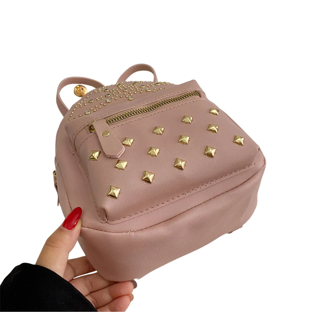 Mini PU Leather Backpack Solid Rivet Decoration Small Bagpack Girls Scho