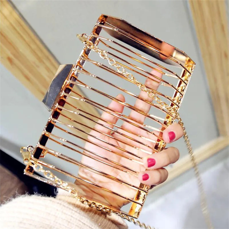 Metal Hollow Evening Handbags Golden Chain Clutch