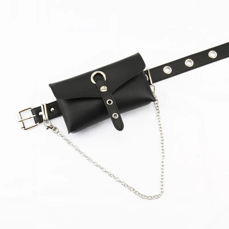 Women's PU Leather Waist Bag with Chain Belt Full Hole Punk Style Belt Phone Sho