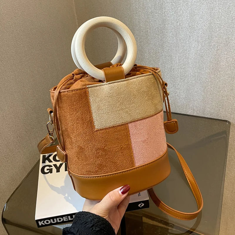 Women's Patchwork Drawstring Bucket Bag Suede Leather Shoulder Bag