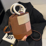 Women's Patchwork Drawstring Bucket Bag Suede Leather Shoulder Bag