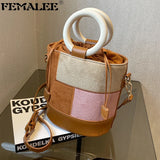 Women's Patchwork Drawstring Bucket Bag Suede Leather Shoulder Bag