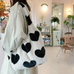 Women's Plush Shoulder Bag Canvas Tote Fluffy Handbag Large Capacity