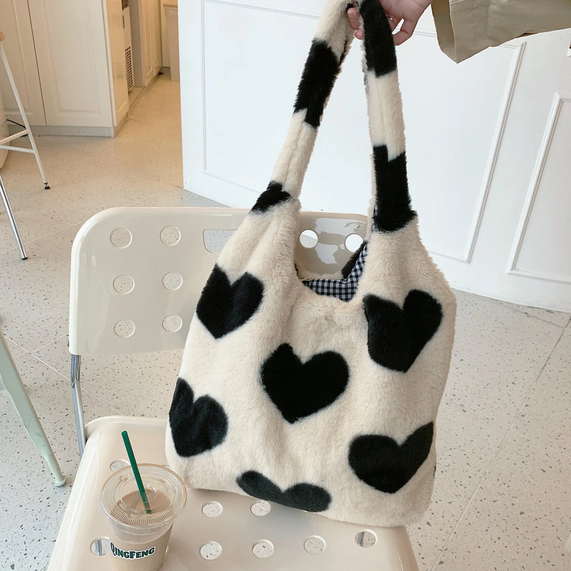 Women's Plush Shoulder Bag Canvas Tote Fluffy Handbag Large Capacity