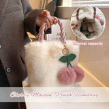Women's Plush Tote Bag with Fluffy Pendant Magnetic Closure