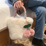 Women's Plush Tote Bag with Fluffy Pendant Magnetic Closure