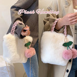 Women's Plush Tote Bag with Fluffy Pendant Magnetic Closure