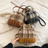 Women's Pu Bucket Bag Stripe Rhombic Lattice Drawstring Crossbody Bag