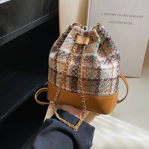 Women's Pu Bucket Bag Stripe Rhombic Lattice Drawstring Crossbody Bag