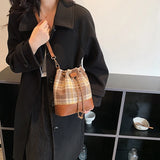 Women's Pu Bucket Bag Stripe Rhombic Lattice Drawstring Crossbody Bag