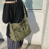Canvas School Messenger Bag Solid Large Capacity Casual Shoulder Handbag