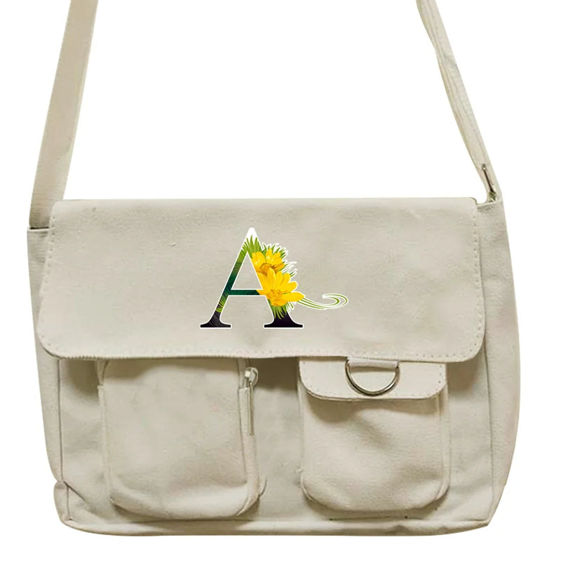 Canvas Messenger Bag Flower Letter Print Travel Handbag