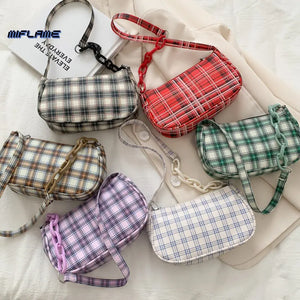Women's Plaid Shoulder Bag Retro Chain Mini Handbag Zipper Casual