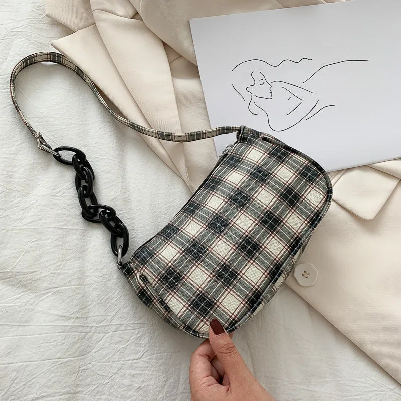 Women's Plaid Shoulder Bag Retro Chain Mini Handbag Zipper Casual