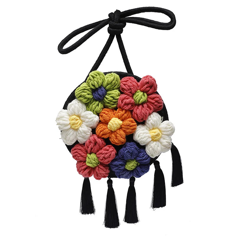 Women's Woven Wool Flower Tassel Shoulder Bag