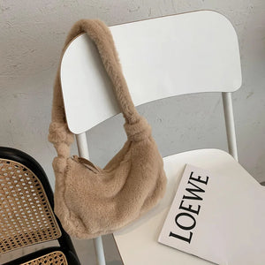 Women's Plush Shoulder Bag Solid Texture Zipper Handbag