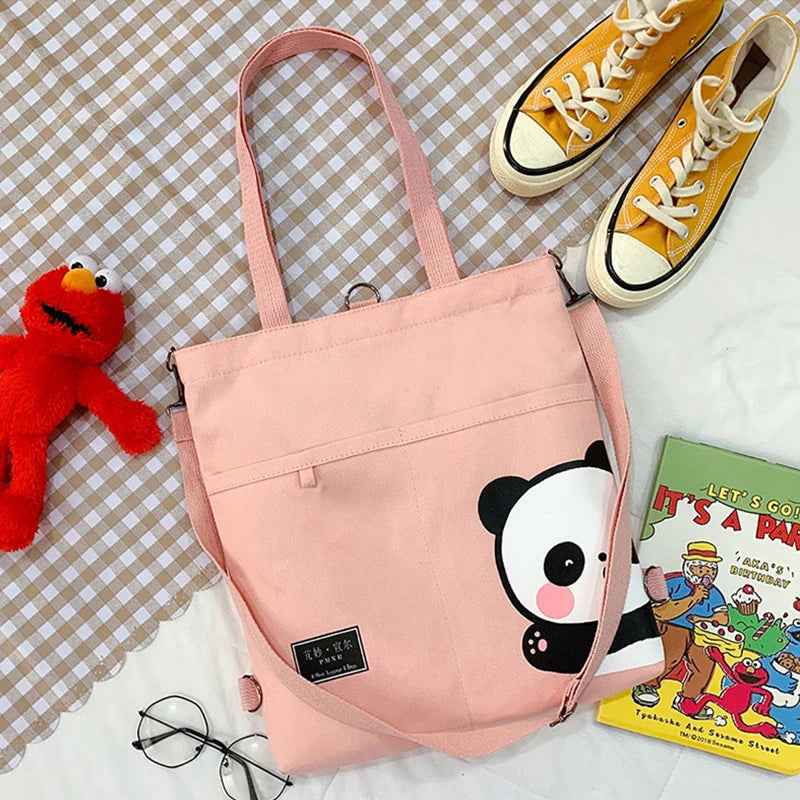 Canvas Shoulder Bag Cartoon Panda Print Shopper Purse Crossbody Bag