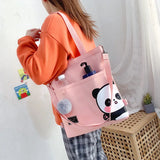 Canvas Shoulder Bag Cartoon Panda Print Shopper Purse Crossbody Bag