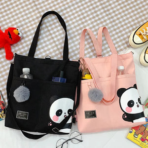 Canvas Shoulder Bag Cartoon Panda Print Shopper Purse Crossbody Bag