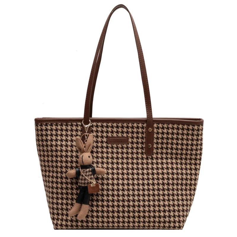 Women's Plaid Canvas Tote Bag with Zipper