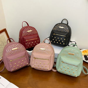 Women's Rivet Studded Leather Backpack Lightweight Travel Satchel