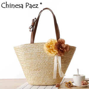 Women's Straw Handbag Flower Woven Beach Tote Bohemia Shoulder Bag