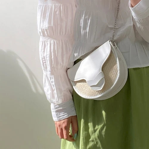 Women's Straw Shoulder Bag Chain Saddle Messenger Purse