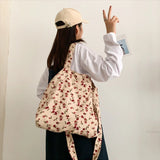 Women's Corduroy Tote Bag Sweet Rose Flower Printing Large Capacity Handbag
