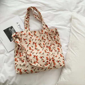 Women's Corduroy Tote Bag Sweet Rose Flower Printing Large Capacity Handbag