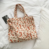 Women's Corduroy Tote Bag Sweet Rose Flower Printing Large Capacity Handbag