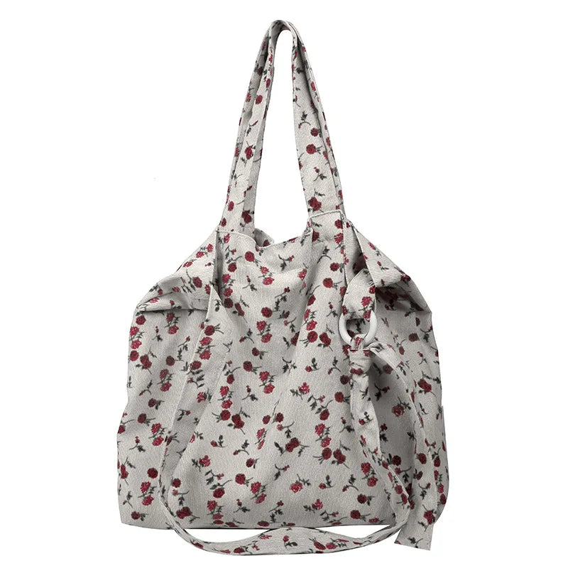 Women's Corduroy Tote Bag Sweet Rose Flower Printing Large Capacity Handbag