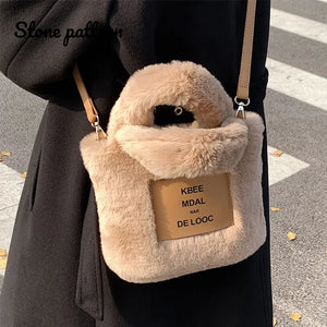 Plush Shoulder Bags Letters Printing Handbags Large Capacity Bucket Bags