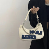 Women's Vintage Letter Printing Chain Messenger Shoulder Bag Denim Texture