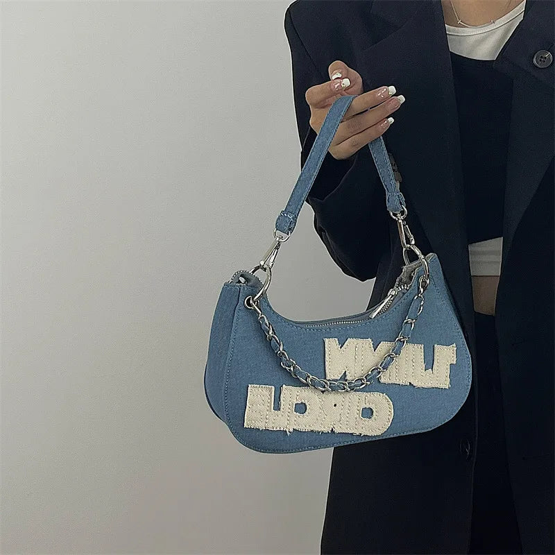 Women's Vintage Letter Printing Chain Messenger Shoulder Bag Denim Texture