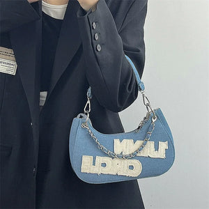 Women's Vintage Letter Printing Chain Messenger Shoulder Bag Denim Texture