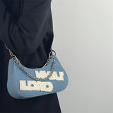 Women's Vintage Letter Printing Chain Messenger Shoulder Bag Denim Texture