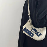 Women's Vintage Letter Printing Chain Messenger Shoulder Bag Denim Texture