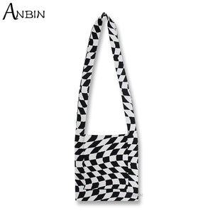 Vintage Crochet Crossbody Bag Checkered Lightweight Hobo Shoulder Purse