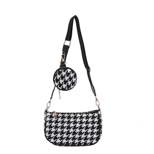 Women's Vintage Plaid Shoulder Bags with Mini Round Purse Pendant 2pcs