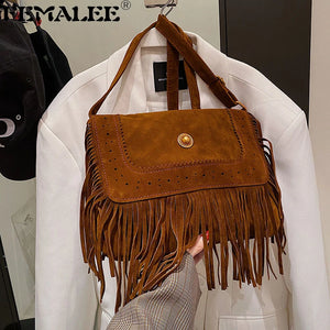 Vintage Tassle Suede Crossbody Bag Bohemian Handbag Purse