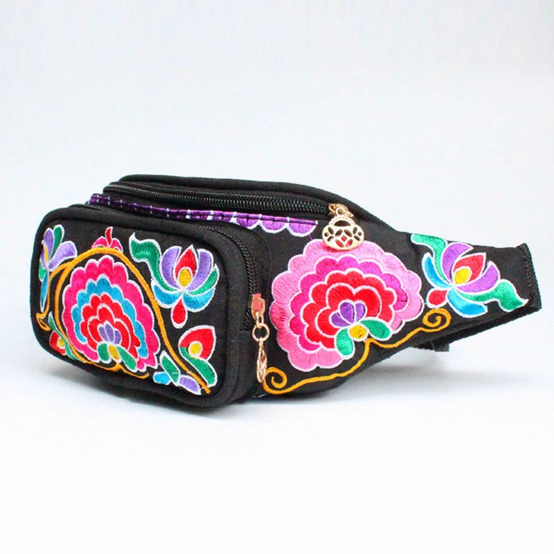 Embroidered Flower Ethnic Waist Pack Crossbody Chest Bag