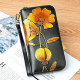 Leather Wallet with Floral Tulip Embossing Zipper Long Clutch